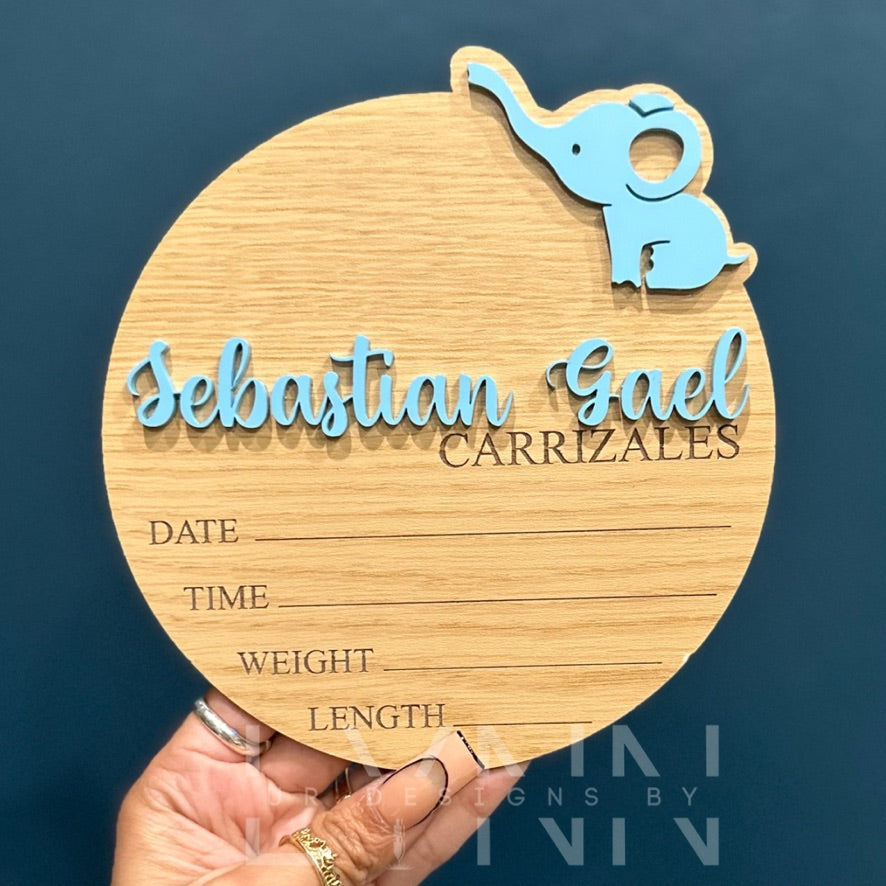 Baby Elephant Birth Stats Sign (Wood)